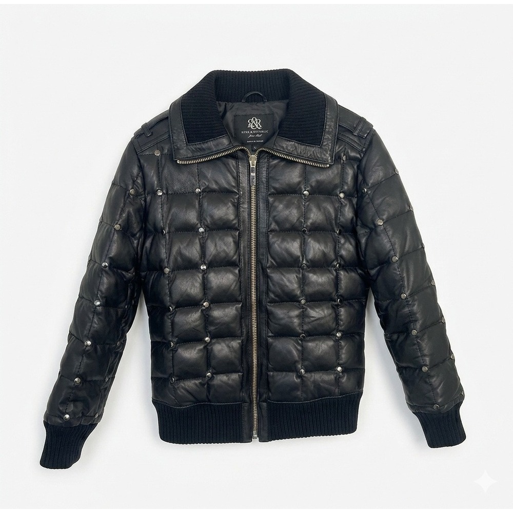 Rock & Republic Leather Puffer Jacket Studded Down Fill Black Small